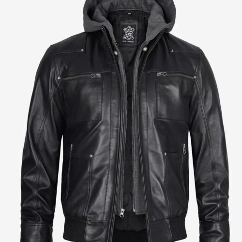 Mens Black Leather Bomber Jacket with Removable Hood