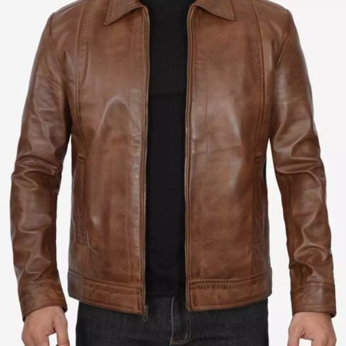 Reeves Mens Shirt Collar Chocolate Brown Leather Jacket