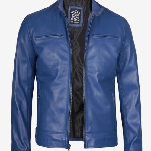 Mens Classic Blue Cafe Racer Leather Jacket