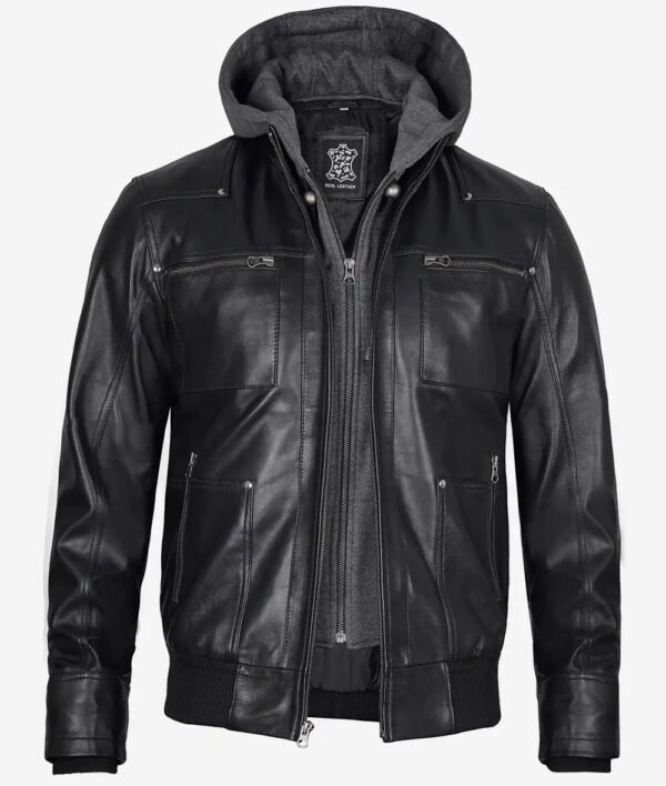 Mens Black Leather Bomber Jacket with Removable Hood