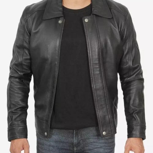 Keeton Vintage Shirt Collar Black Leather Jacket Men