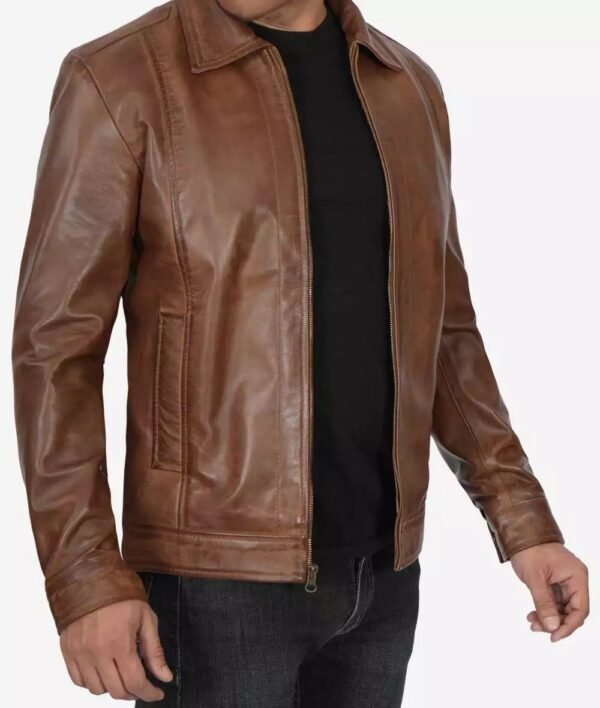 Reeves Mens Shirt Collar Chocolate Brown Leather Jacket