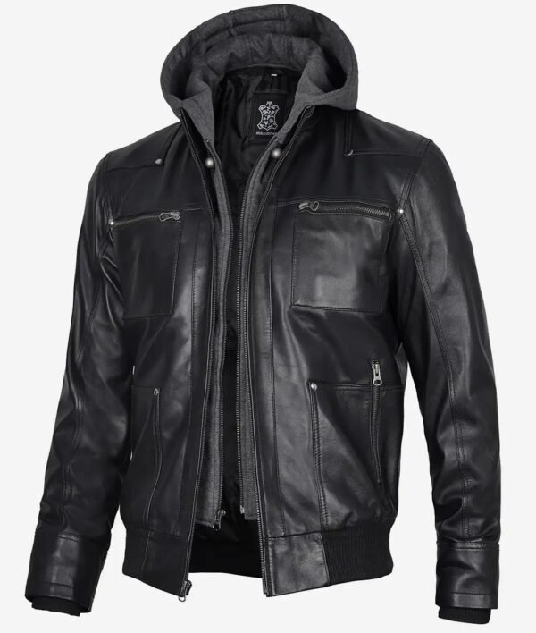 Mens Black Leather Bomber Jacket with Removable Hood