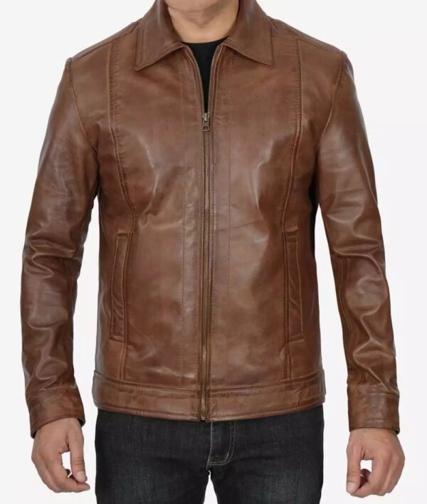 Reeves Mens Shirt Collar Chocolate Brown Leather Jacket