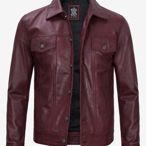 Fernando Mens Lambskin Leather Maroon Trucker Jacket