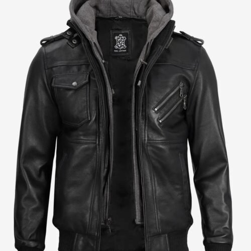 Mens Black Leather Jacket with Removable Hood