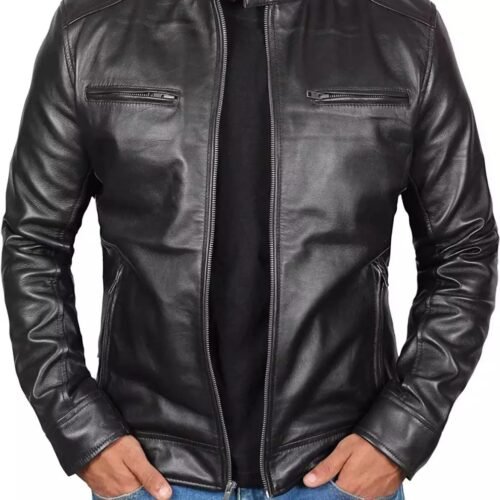 Lambskin Black Cafe Racer Leather Jacket for Tall Men