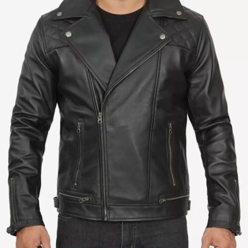 Gordon Mens Quilted Asymmetrical Leather Motorcycle Jacket Black