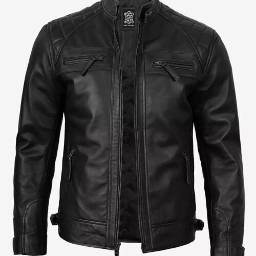 Mens Quilted Shoulder Black Cafe Racer Leather Jacket