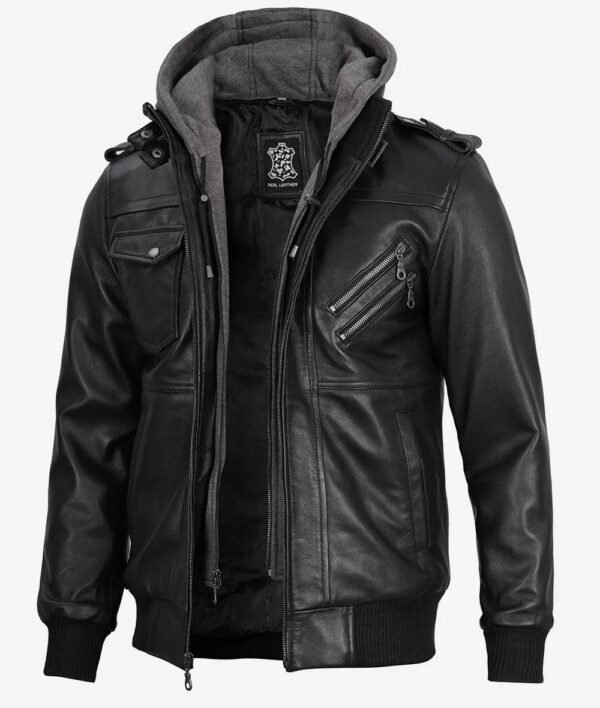 Mens Black Leather Jacket with Removable Hood