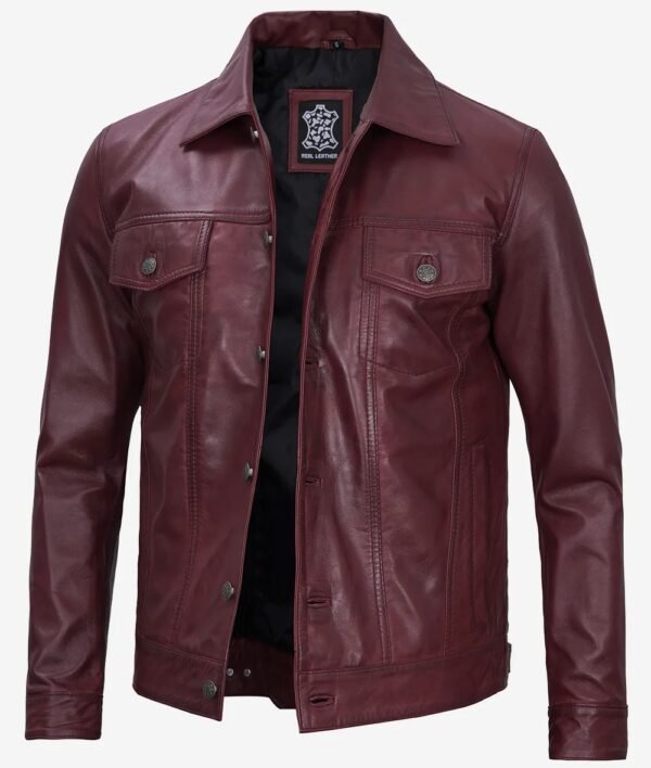 Fernando Mens Lambskin Leather Maroon Trucker Jacket