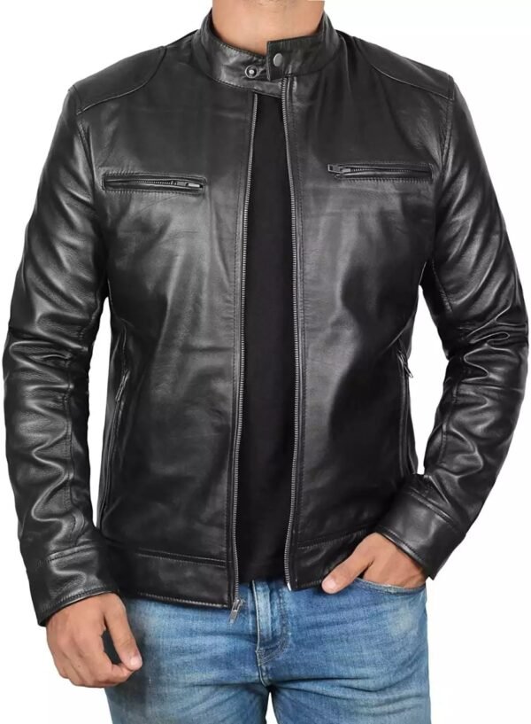 Lambskin Black Cafe Racer Leather Jacket for Tall Men