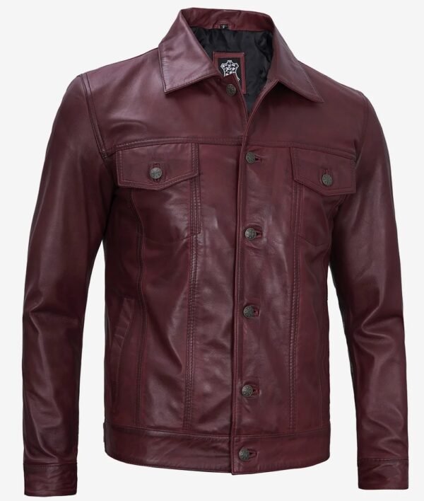 Fernando Mens Lambskin Leather Maroon Trucker Jacket