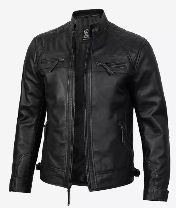 Mens Quilted Shoulder Black Cafe Racer Leather Jacket