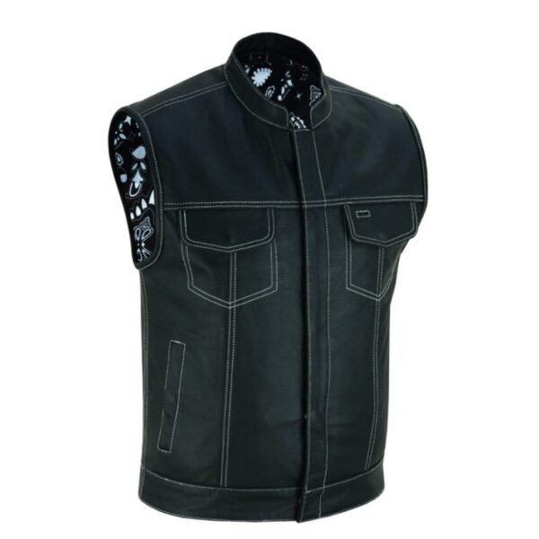 Men’s Paisley Black Leather Motorcycle Vest with White Stitching