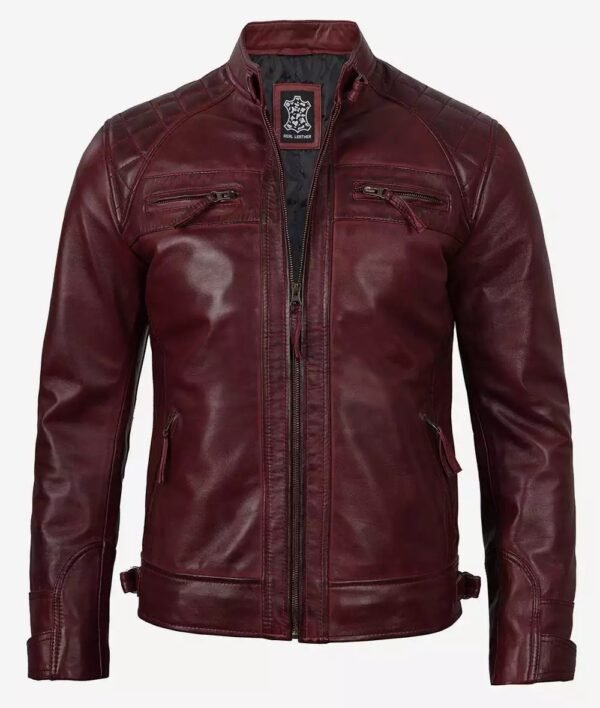 Mens Real Lambskin Leather Maroon Biker Jacket