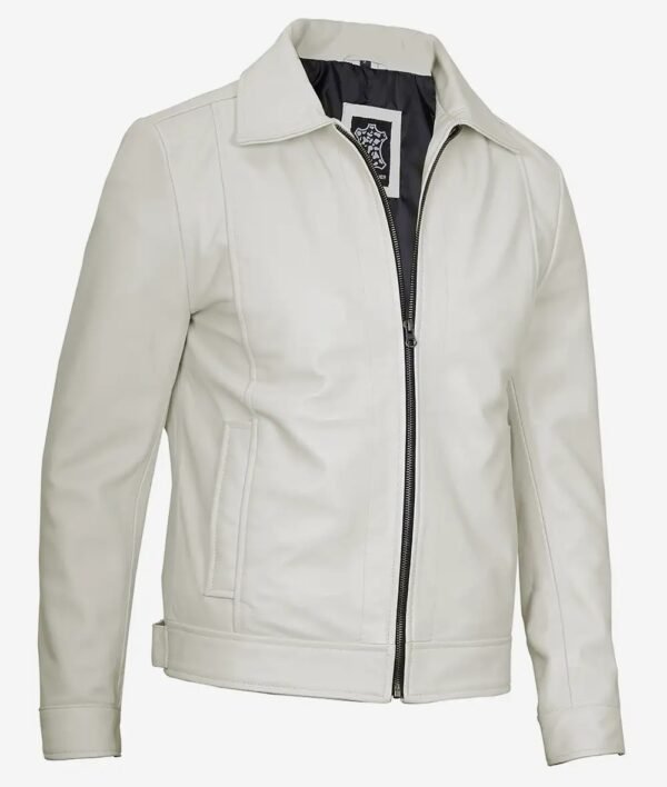 Mens Shirt Collar Off White Leather Jacket