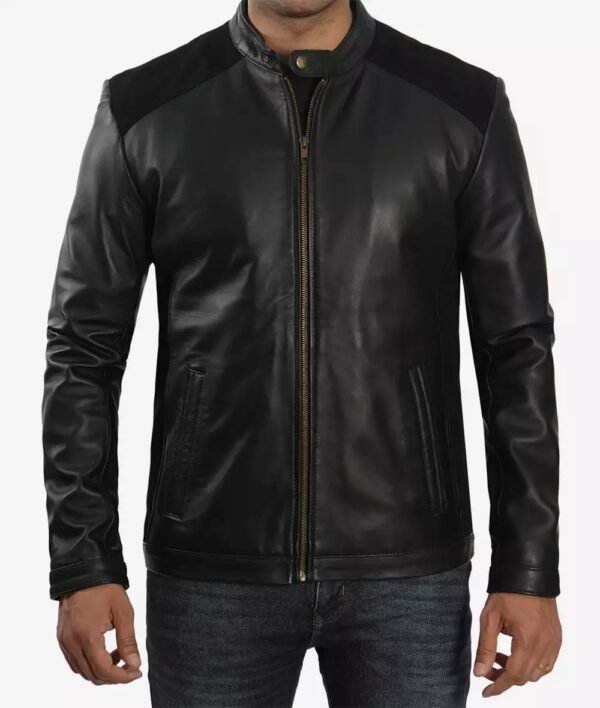 Edmund Black Leather Jacket With Suede Detailing