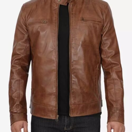 Dodge Mens Waxed Chocolate Brown Cafe Racer Motorcycle Leather Jacket