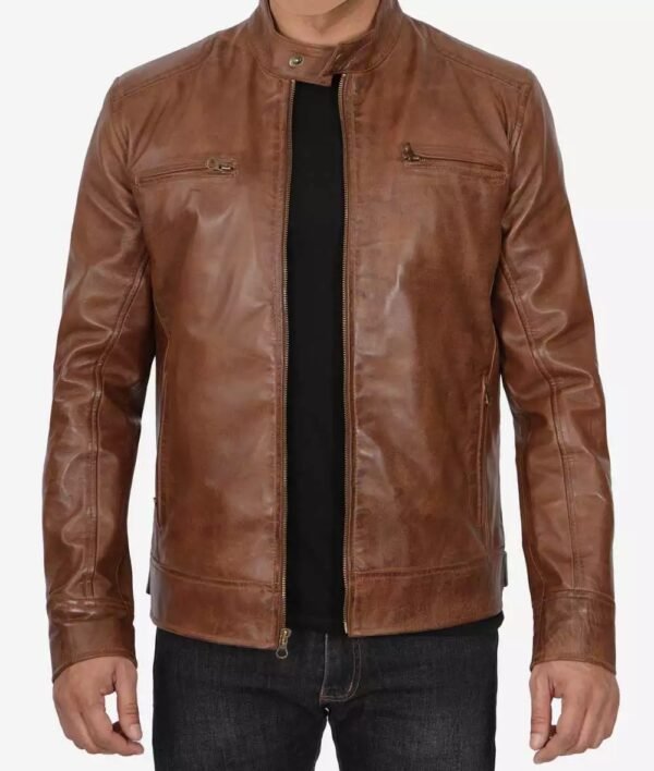 Dodge Mens Waxed Chocolate Brown Cafe Racer Motorcycle Leather Jacket