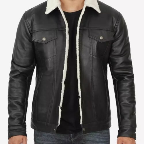 Fernando Sherpa-Lined Black Trucker Leather Jacket