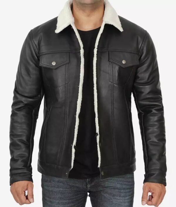 Fernando Sherpa-Lined Black Trucker Leather Jacket