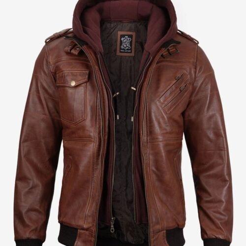 Mens Brown Leather Bomber Jacket With Removable Hood