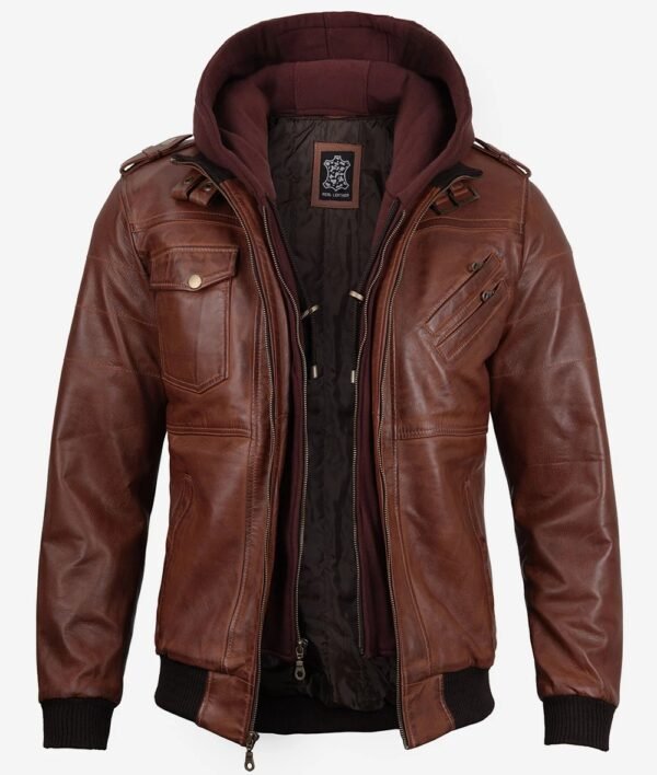 Mens Brown Leather Bomber Jacket With Removable Hood