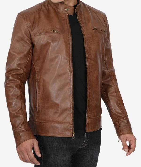 Dodge Mens Waxed Chocolate Brown Cafe Racer Motorcycle Leather Jacket