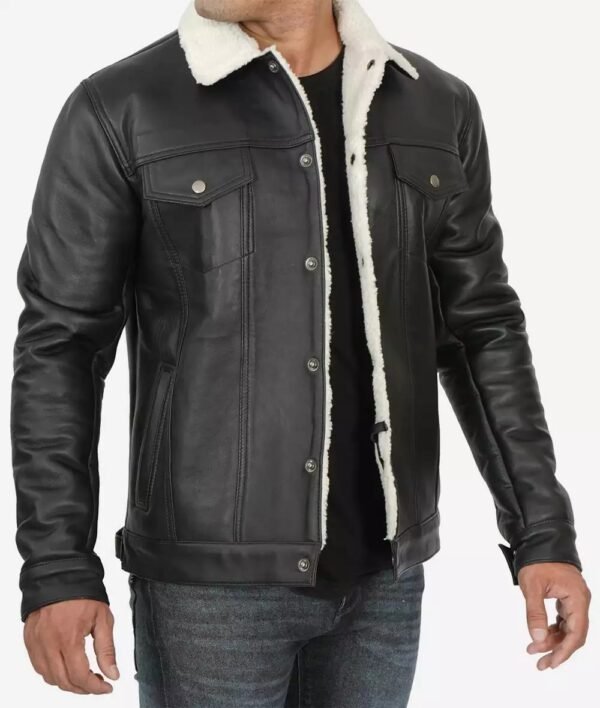 Fernando Sherpa-Lined Black Trucker Leather Jacket