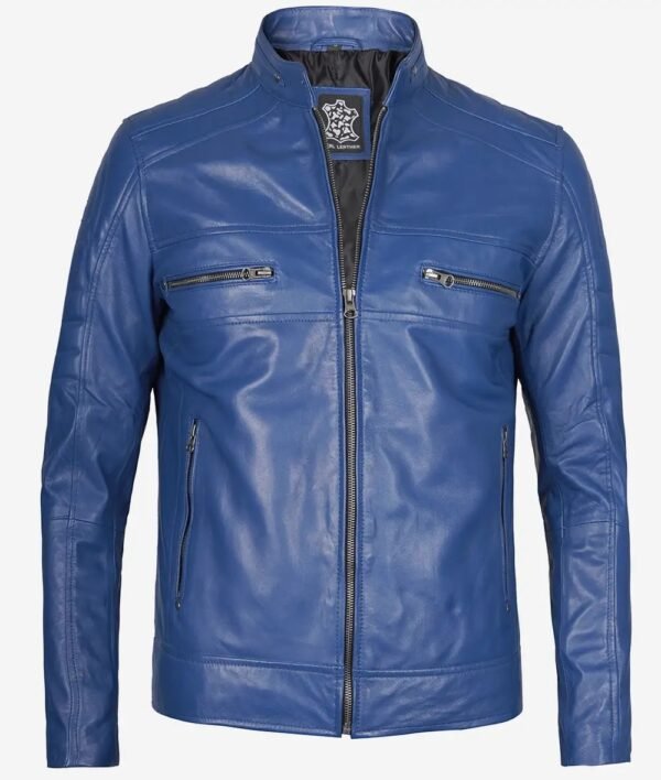 Mens Blue Cafe Racer Leather Jacket