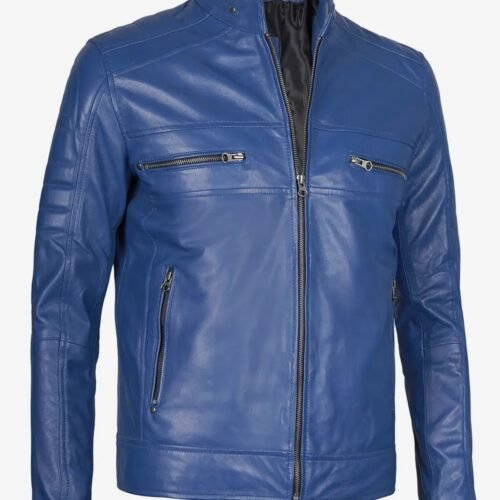 Mens Blue Cafe Racer Leather Jacket