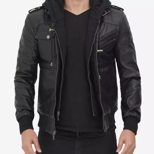 Mens Tall Black Leather Bomber Jacket with Removable Hood