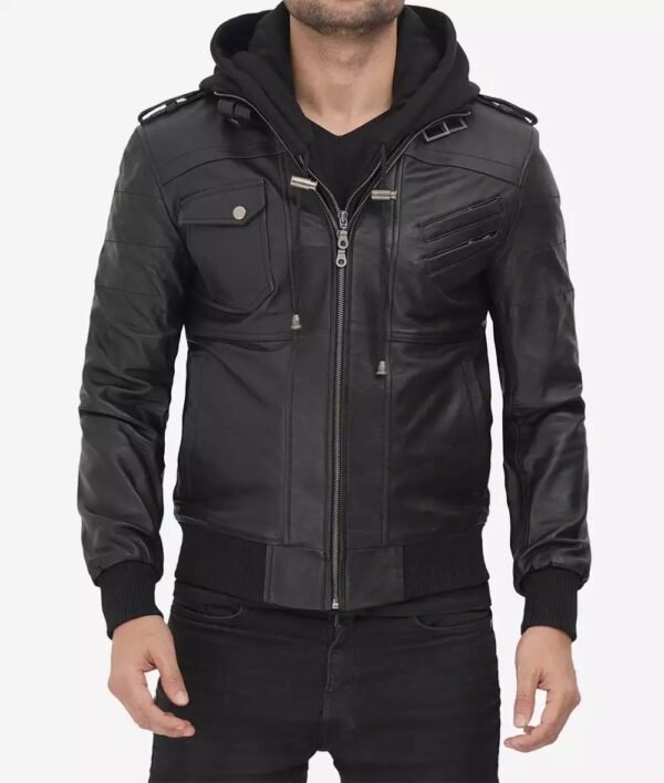 Mens Tall Black Leather Bomber Jacket with Removable Hood