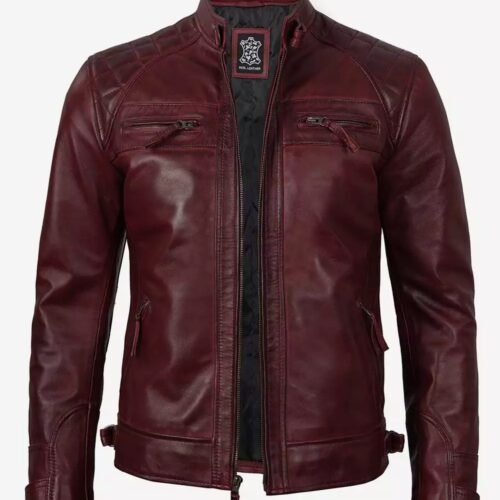 Mens Tall Real Leather Maroon Cafe Racer Jacket