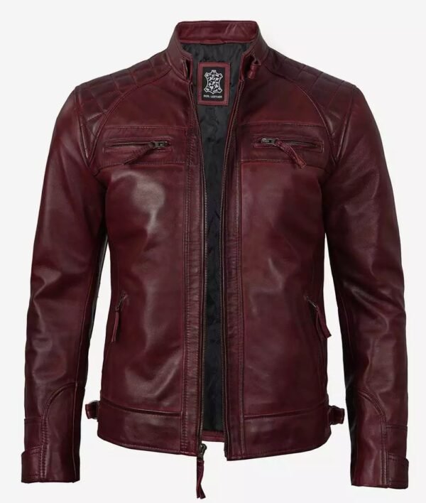 Mens Tall Real Leather Maroon Cafe Racer Jacket