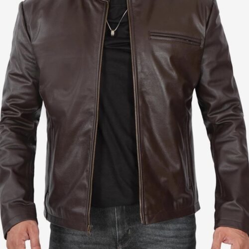 Mens Dark Brown Premium Cowhide Leather Cafe Racer Jacket