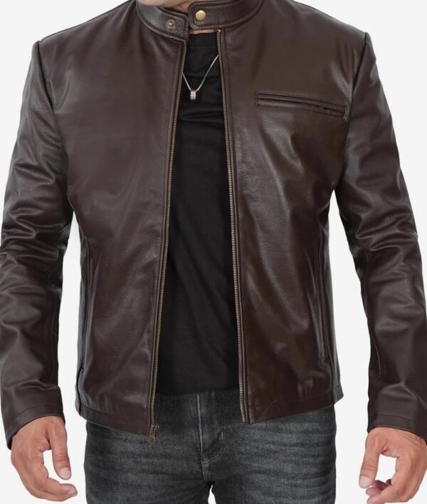 Mens Dark Brown Premium Cowhide Leather Cafe Racer Jacket