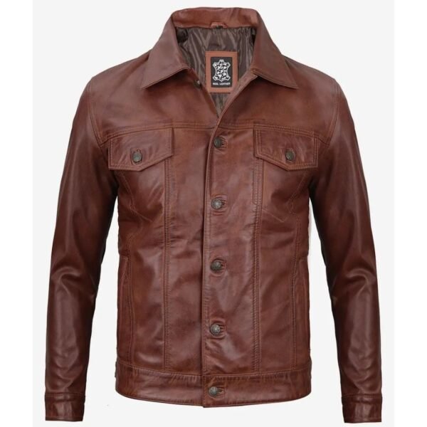 Fernando Brown Trucker Real Leather Jacket for Mens