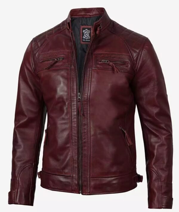 Mens Real Lambskin Leather Maroon Biker Jacket