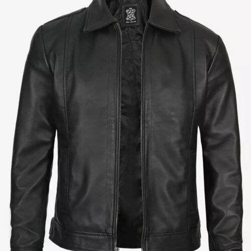 Mens Tall Vintage Shirt Collar Black Leather Jacket