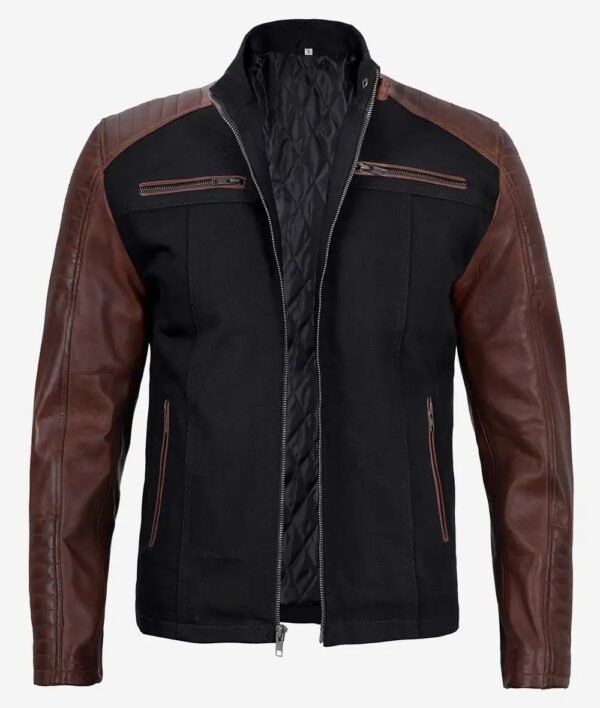 Mens Cafe Racer Black & Brown Jacket with Leather Sleeves