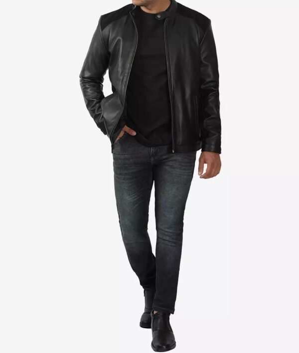 Edmund Black Leather Jacket With Suede Detailing