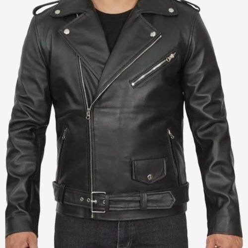 Mens Asymmetrical Black Belted Moto Leather Jacket