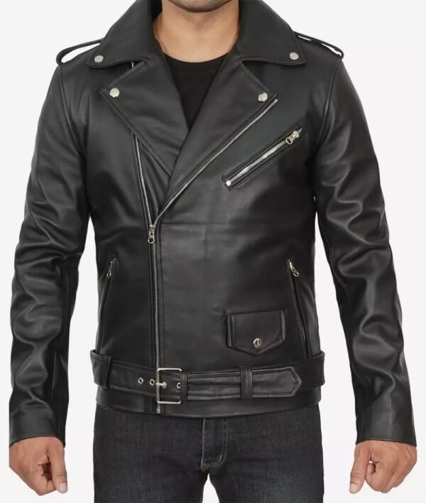 Mens Asymmetrical Black Belted Moto Leather Jacket