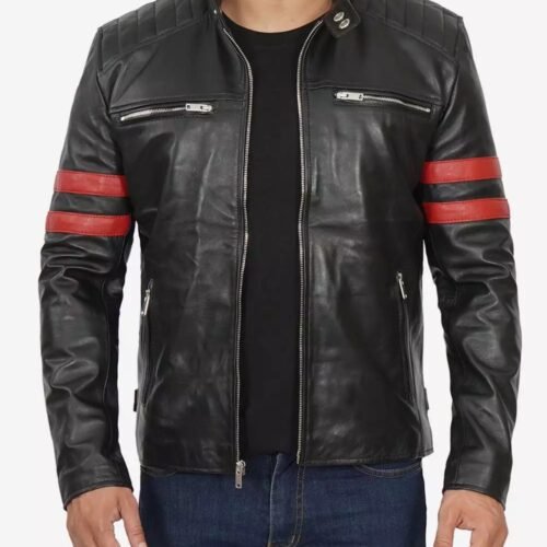 Mens Black and Red Striped Biker Leather Jacket