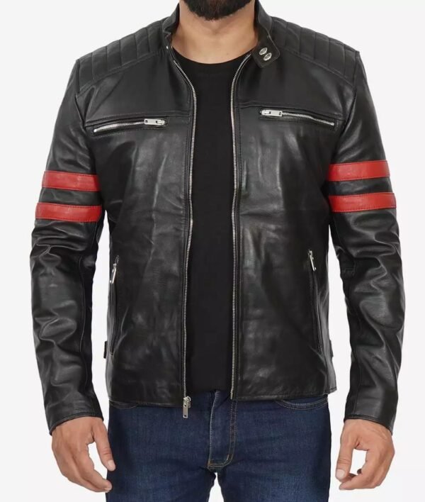 Mens Black and Red Striped Biker Leather Jacket