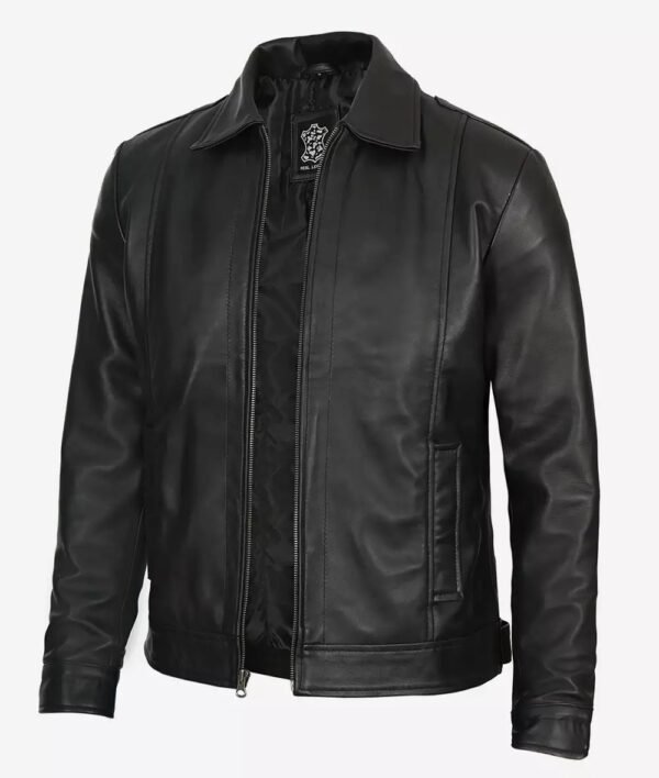 Reeves Mens Shirt Collar Vintage Black Leather Jacket