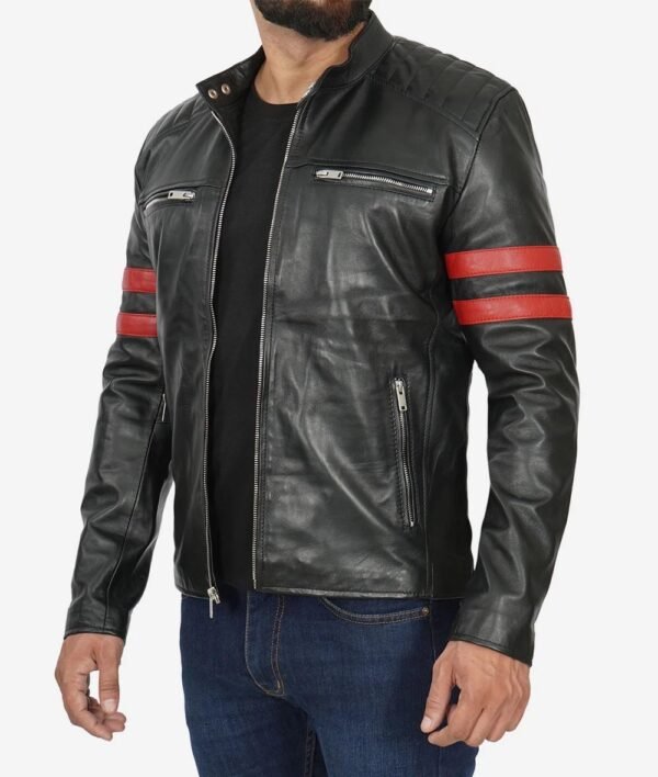 Mens Black and Red Striped Biker Leather Jacket