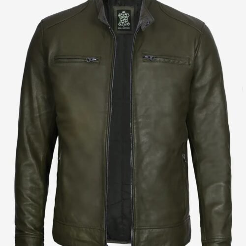 Dodge Military Green Cafe Racer Leather Jacket for Men